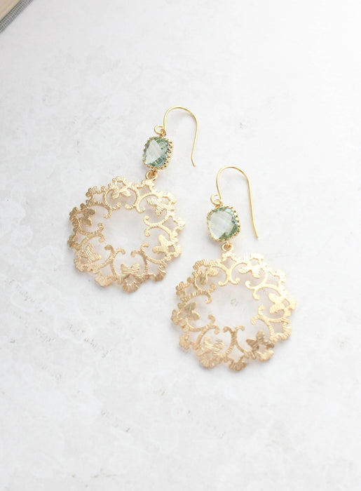 A Pocket of Posies - Gold Filigree and Aqua Glass Earrings