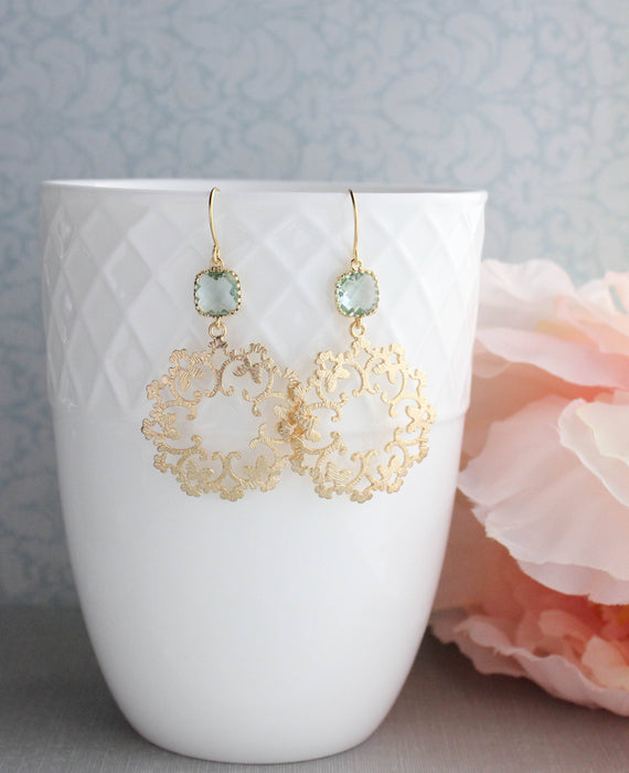 A Pocket of Posies - Gold Filigree and Aqua Glass Earrings