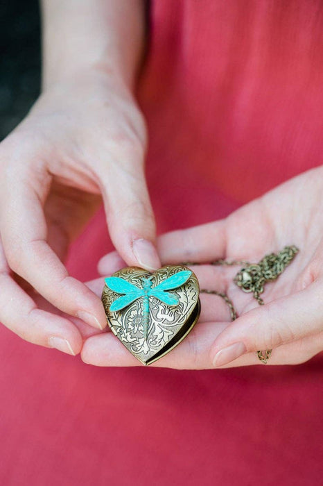 A Pocket of Posies - Large Heart and Dragonfly Locket Necklace: 18 Inches