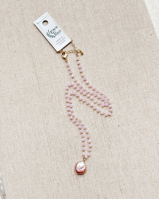 Gracie Rose Designs - Gold Pink Freshwater Pearl Crystal Link Chain Necklace