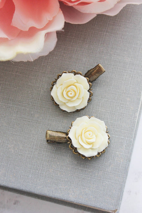 A Pocket of Posies - Cream Rose Hair Clips - Alligator Clips - Two Piece