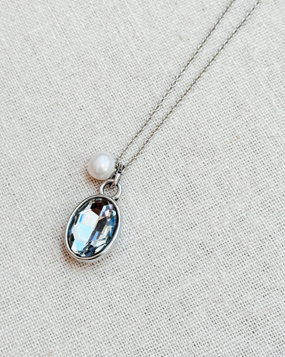 Gracie Rose Designs - Freshwater Pearl Crystal Pendant Long Charm Silver Necklace