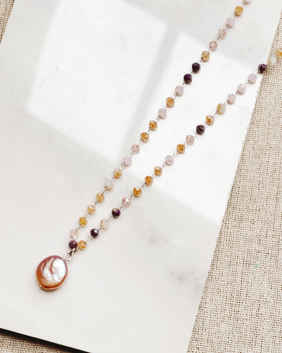 Gracie Rose Designs - Rhodium Pink Freshwater Pearl Crystal Link Chain Necklace