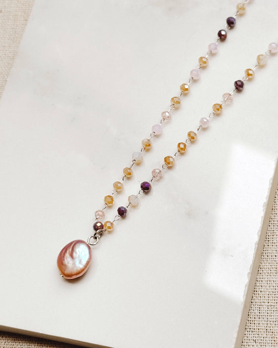 Gracie Rose Designs - Rhodium Pink Freshwater Pearl Crystal Link Chain Necklace