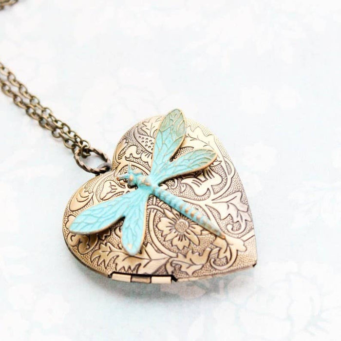 A Pocket of Posies - Large Heart and Dragonfly Locket Necklace: 18 Inches