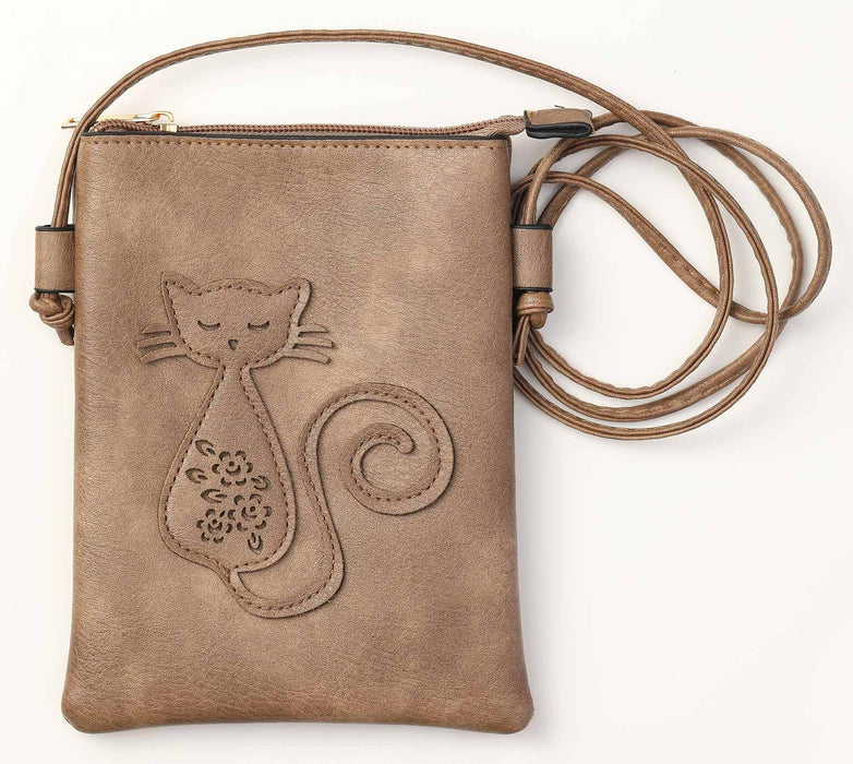 Shine Mark Accessories - Taupe - Cat Laser Cut Cross Body Cell Phone Bag