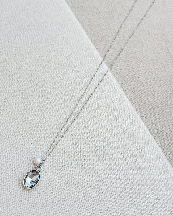 Gracie Rose Designs - Freshwater Pearl Crystal Pendant Long Charm Silver Necklace