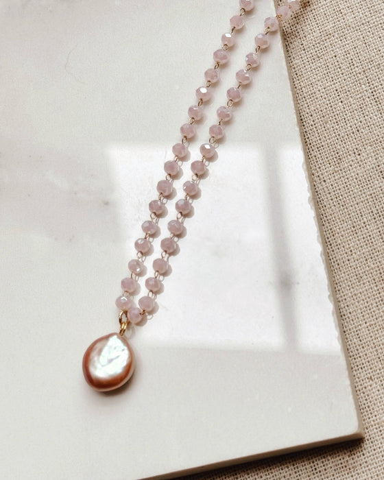 Gracie Rose Designs - Gold Pink Freshwater Pearl Crystal Link Chain Necklace