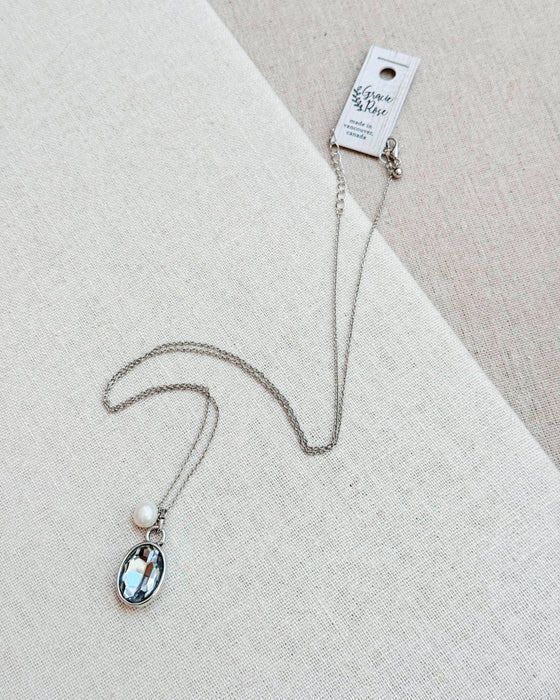 Gracie Rose Designs - Freshwater Pearl Crystal Pendant Long Charm Silver Necklace