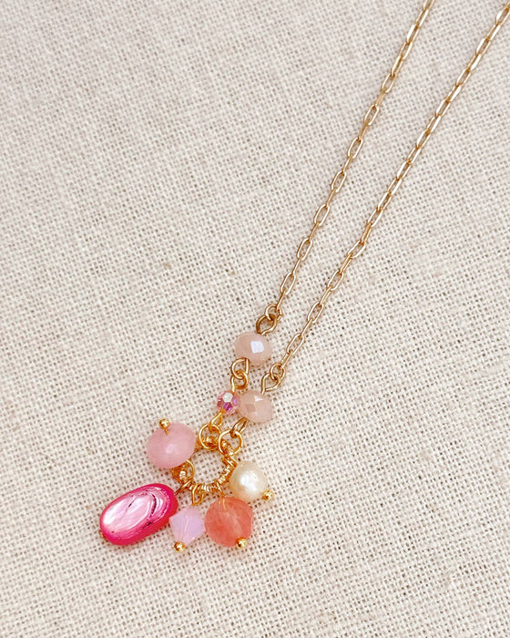 Gracie Rose Designs - Pink Mixed Stone Cluster Necklace with Gold Chain