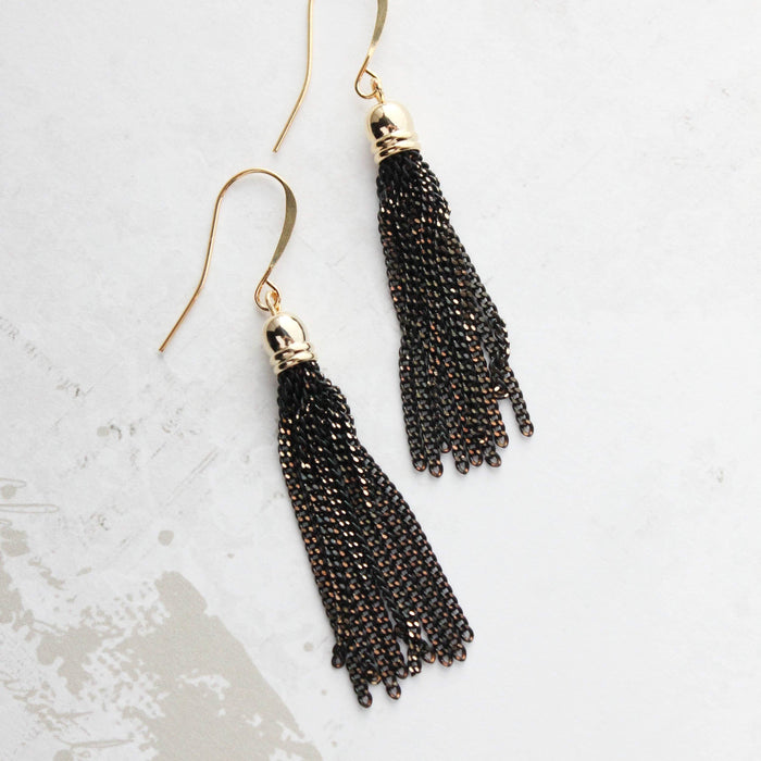 A Pocket of Posies - Black Modern Dangle Gold Chain Tassel Earrings