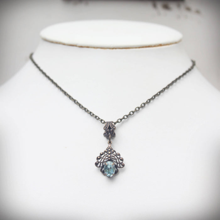 Circa 1890 - Aqua Blue Filigree Crystal Pendant Necklace in Vintage Style