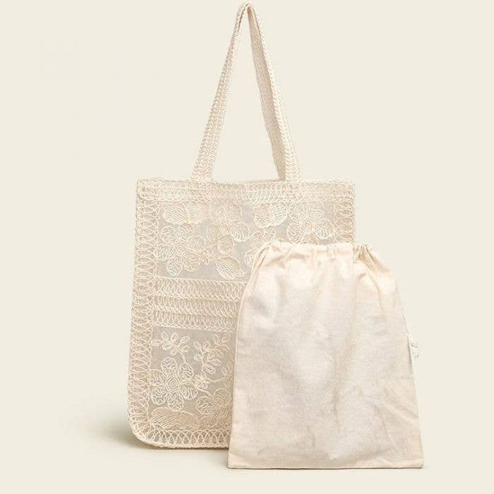 PEACH ACCESSORIES - Cream Embroidered Lace Summer Floral Tote Bag