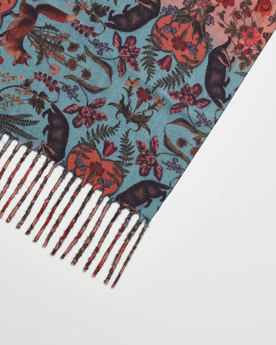 Fable England Folksy Fox Teal Scarf with Tassels | Soft Winter Scarf