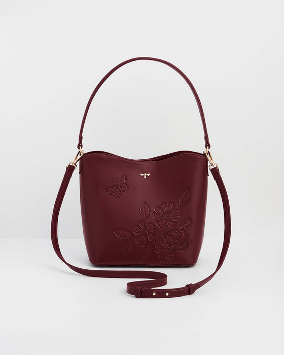 Fable England Burgundy Floral Faux Leather Bucket Bag | Margot