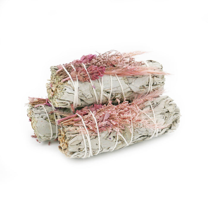 4” Organic White Sage Smudge Stick with Pink Flowers – Cleansing & Purification Bundle