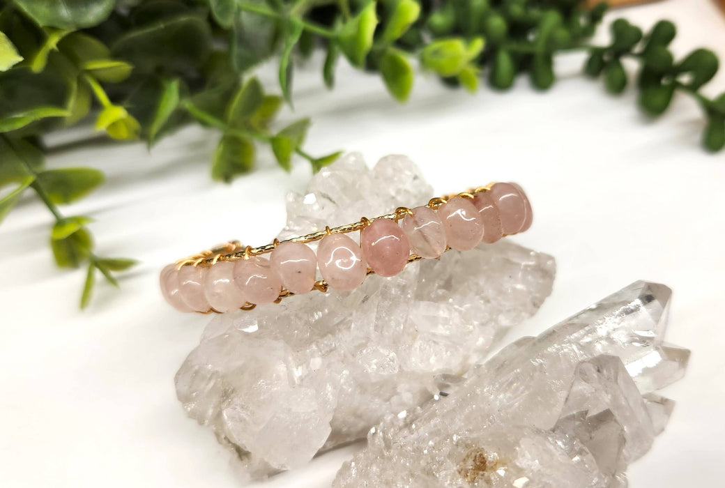 Meraki Gemstones - Rose Quartz Bangle/Cuff/Wire Wrapped -18kt. Gold Overlay: YELLOW GOLD