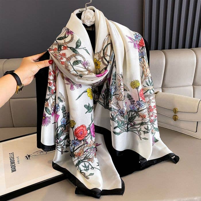 PEACH ACCESSORIES - Spring Botanical Print Satin Feel Scarf