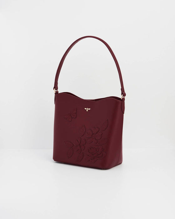 Fable England Burgundy Floral Faux Leather Bucket Bag | Margot