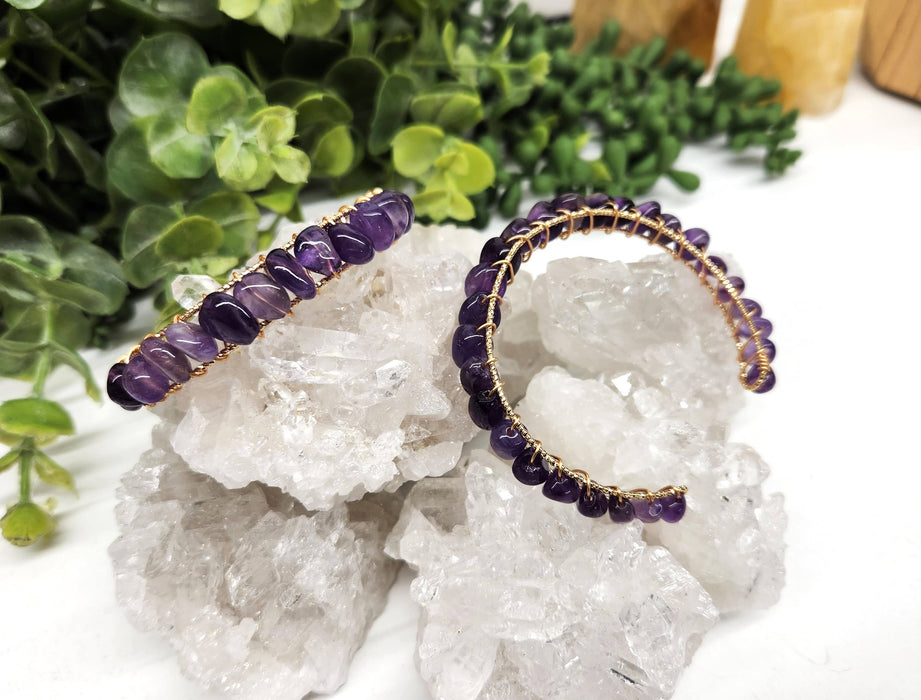 Meraki Gemstones - Amethyst Bangle/Cuff/Wire Wrapped Bracelet-18kt.Gold Overlay: YELLOW GOLD