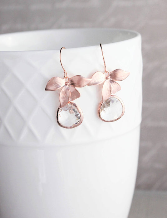 A Pocket of Posies - Rose Gold Orchid Earrings - Clear Glass