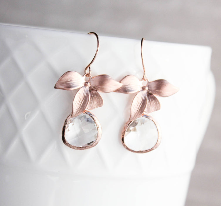 A Pocket of Posies - Rose Gold Orchid Earrings - Clear Glass