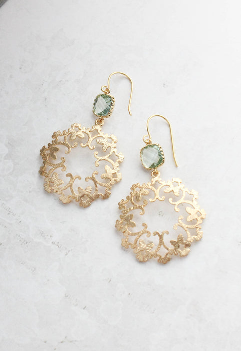 A Pocket of Posies - Gold Filigree and Aqua Glass Earrings