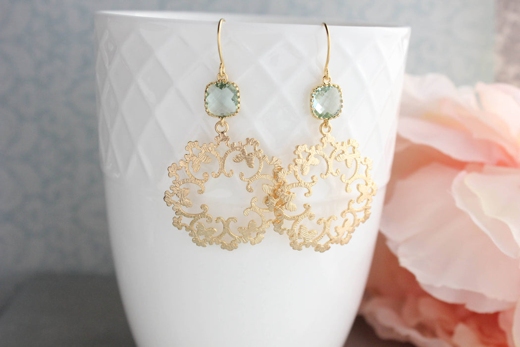 A Pocket of Posies - Gold Filigree and Aqua Glass Earrings