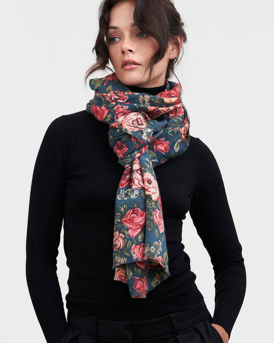 Fable England - Roses Teal Pashmina Scarf