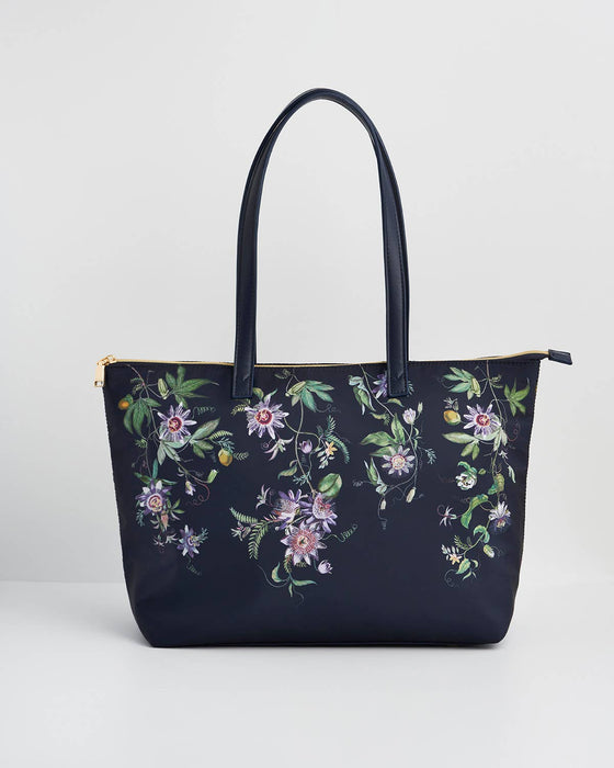 Navy Floral Grab Tote Bag – Passion Flower Print Shoulder Handbag with Zip Closure | Large Everyday Work & Travel Tote