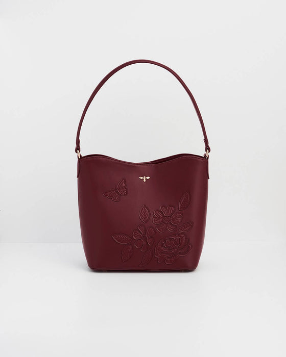 Fable England Burgundy Floral Faux Leather Bucket Bag | Margot
