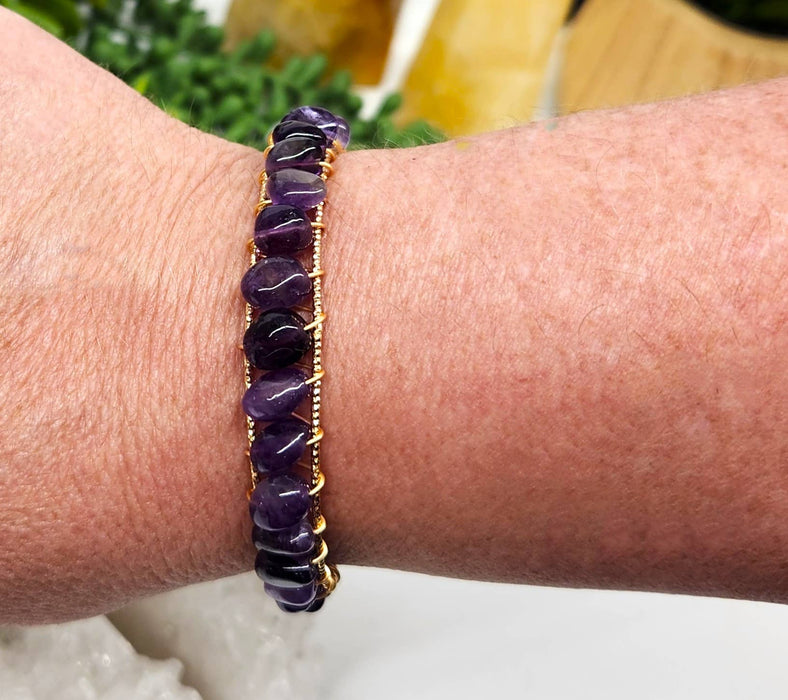 Meraki Gemstones - Amethyst Bangle/Cuff/Wire Wrapped Bracelet-18kt.Gold Overlay: YELLOW GOLD