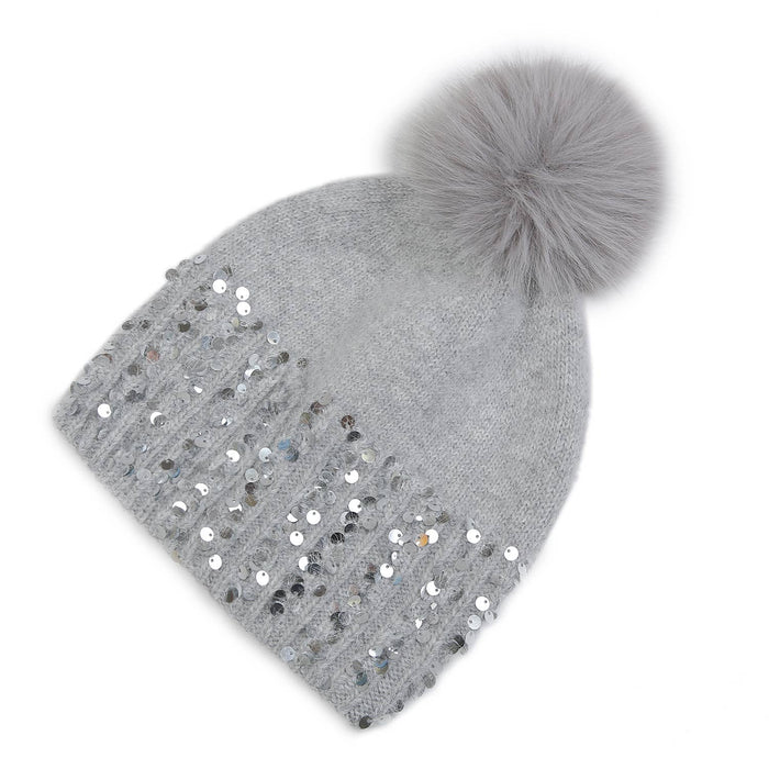 PEACH ACCESSORIES - Glam Glitter Cuff Winter Pompom Hat SD110: Silver
