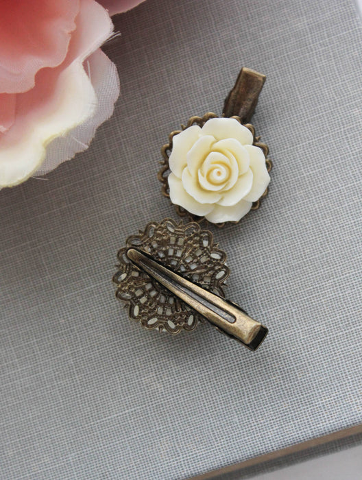 A Pocket of Posies - Cream Rose Hair Clips - Alligator Clips - Two Piece