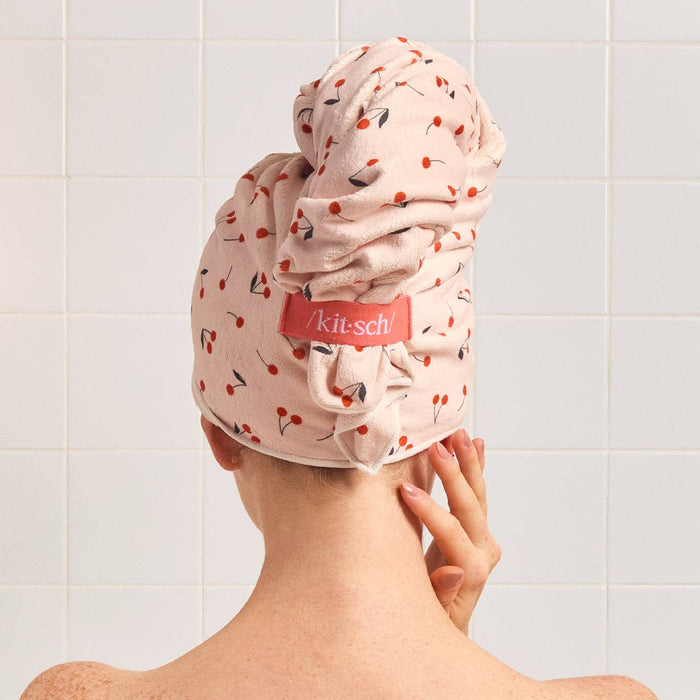 Kitsch Extra Large Microfiber Hair Towel Wrap Cherry Print – Quick Dry Hair Turban, Ultra Absorbent, Anti Frizz, Reduces Breakage, Soft Lightweight