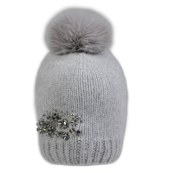 PEACH ACCESSORIES - Crystals Flowers Pompom Hat SD116: Silver