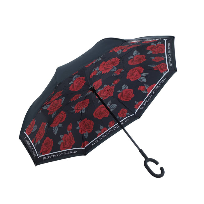 PEACH ACCESSORIES - Midnight Roses Bloom Upside Down Umbrella in Black