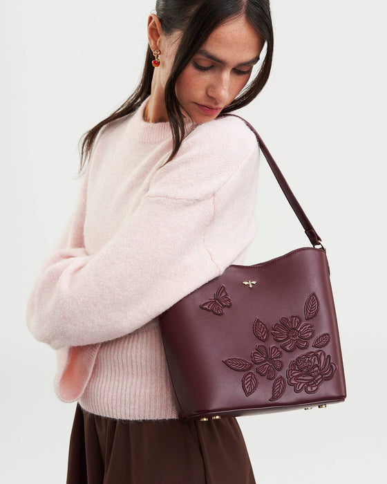 Fable England Burgundy Floral Faux Leather Bucket Bag | Margot
