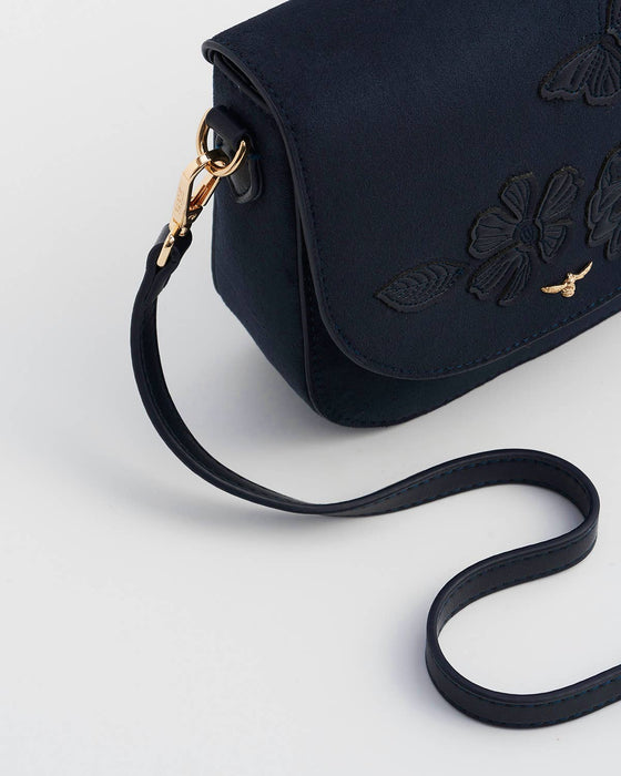 Fable England Navy Floral Suedette Saddle Bag | Beth Crossbody Purse
