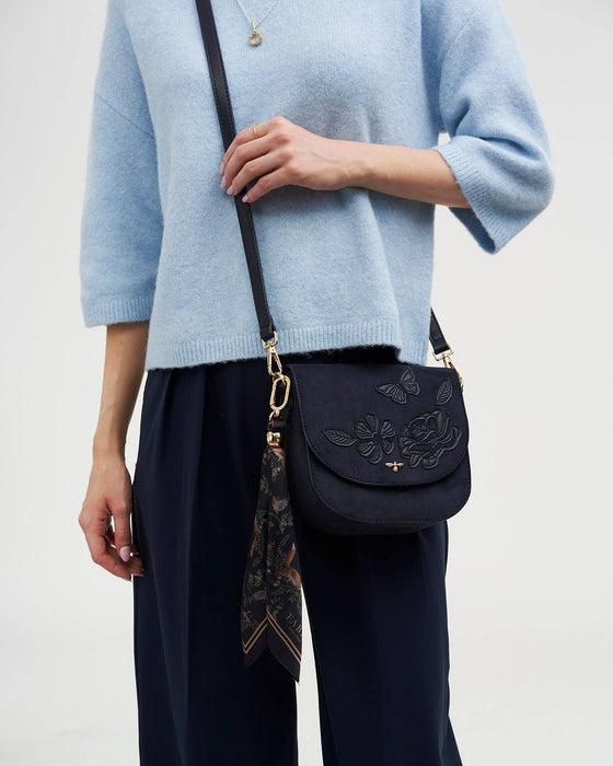 Fable England Navy Floral Suedette Saddle Bag | Beth Crossbody Purse