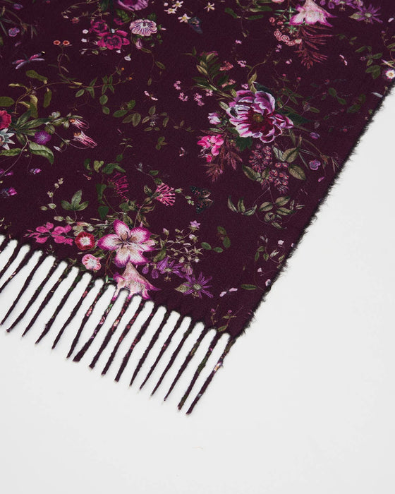 Fable England Eve Floral Burgundy Scarf | Long Fringed Floral Print Scarf
