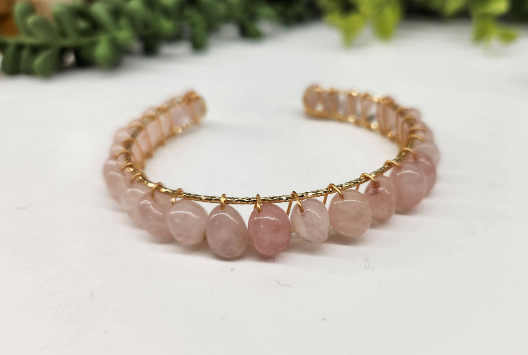 Meraki Gemstones - Rose Quartz Bangle/Cuff/Wire Wrapped -18kt. Gold Overlay: YELLOW GOLD