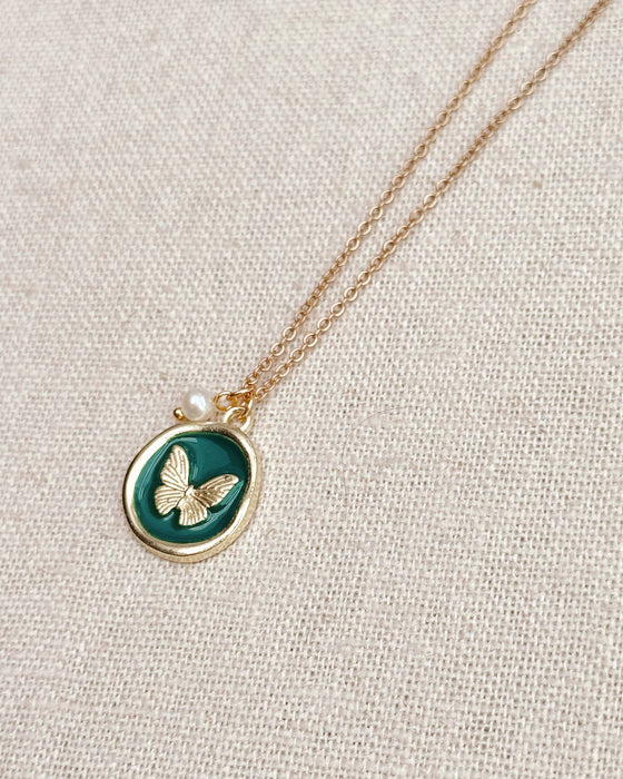 Gracie Rose Butterfly Enamel Necklace with Pearl | Romantic Gold Plated Pendant | Made in Vancouver Canada