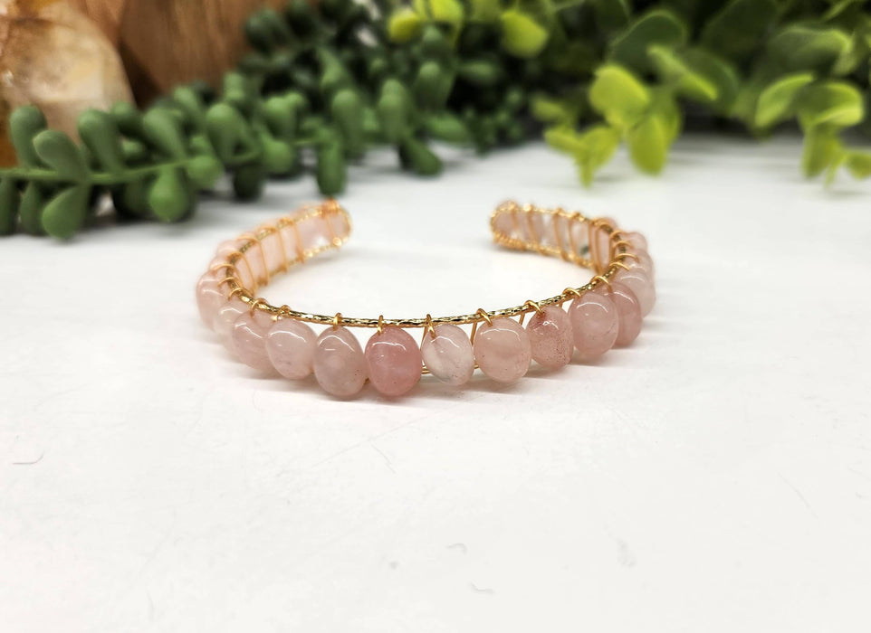 Meraki Gemstones - Rose Quartz Bangle/Cuff/Wire Wrapped -18kt. Gold Overlay: YELLOW GOLD