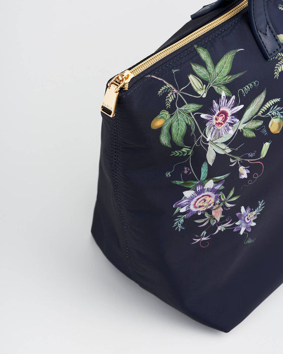 Navy Floral Grab Tote Bag – Passion Flower Print Shoulder Handbag with Zip Closure | Large Everyday Work & Travel Tote