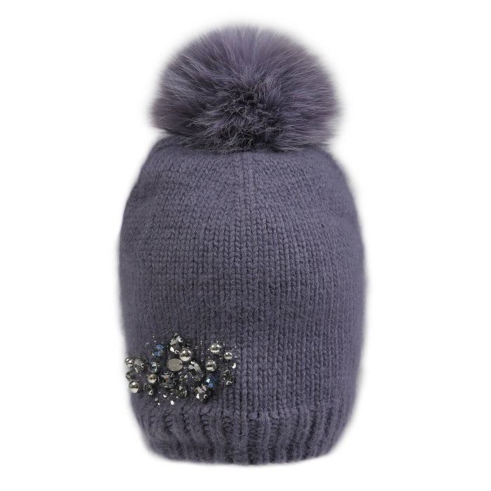 PEACH ACCESSORIES - Crystals Flowers Pompom Hat SD116: Silver