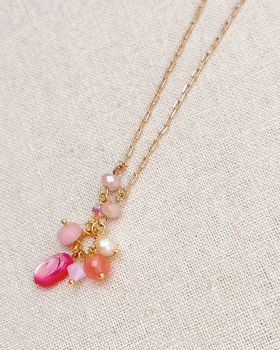 Gracie Rose Designs - Pink Mixed Stone Cluster Necklace with Gold Chain