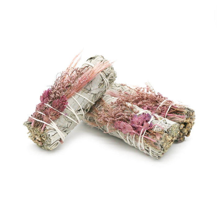 4” Organic White Sage Smudge Stick with Pink Flowers – Cleansing & Purification Bundle