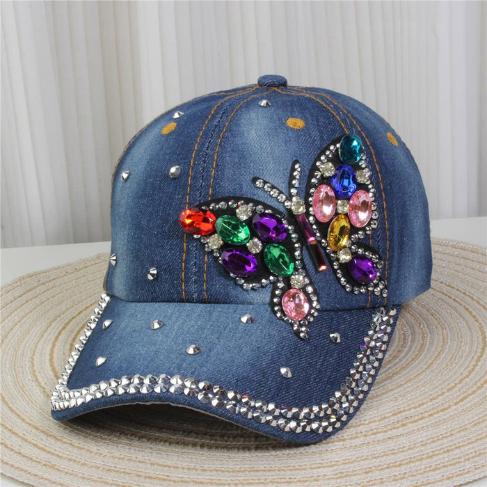 PEACH ACCESSORIES - Denim Cap with Vibrant Butterfly Rhinestone in Blue WA200