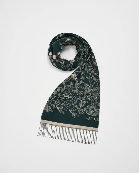 Fable England Midnight Garden Reversible Forest Green Scarf | Butterfly Jacquard